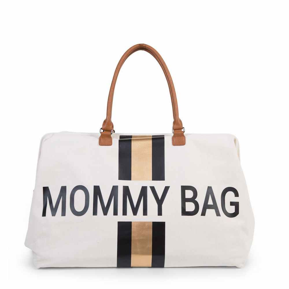 CHILDHOME MOMMY BAG BIG, RUCNA TORBA OFF WHITE STRIPES BLACK/GOLD 