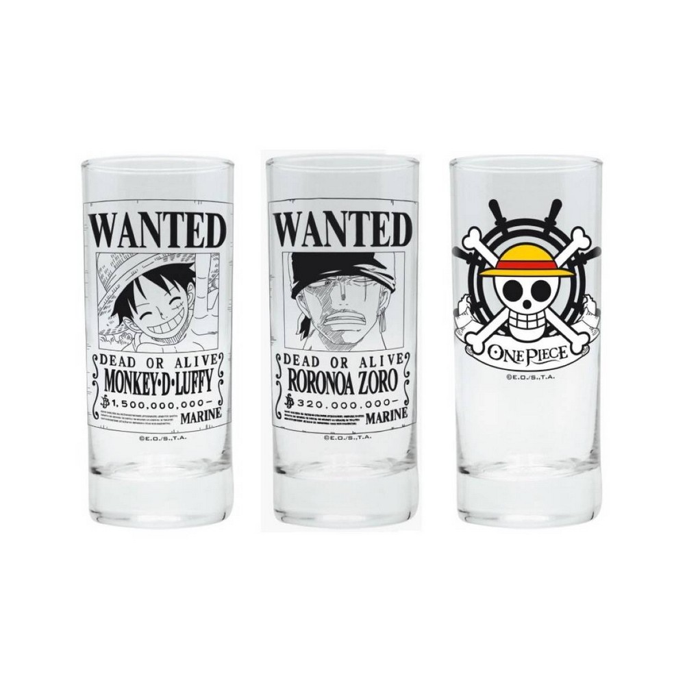 SET OD 3 ČAŠE ABYSTYLE - ONE PIECE - WANTED - LUFFY, ZORO AND SKULL 290ML 
