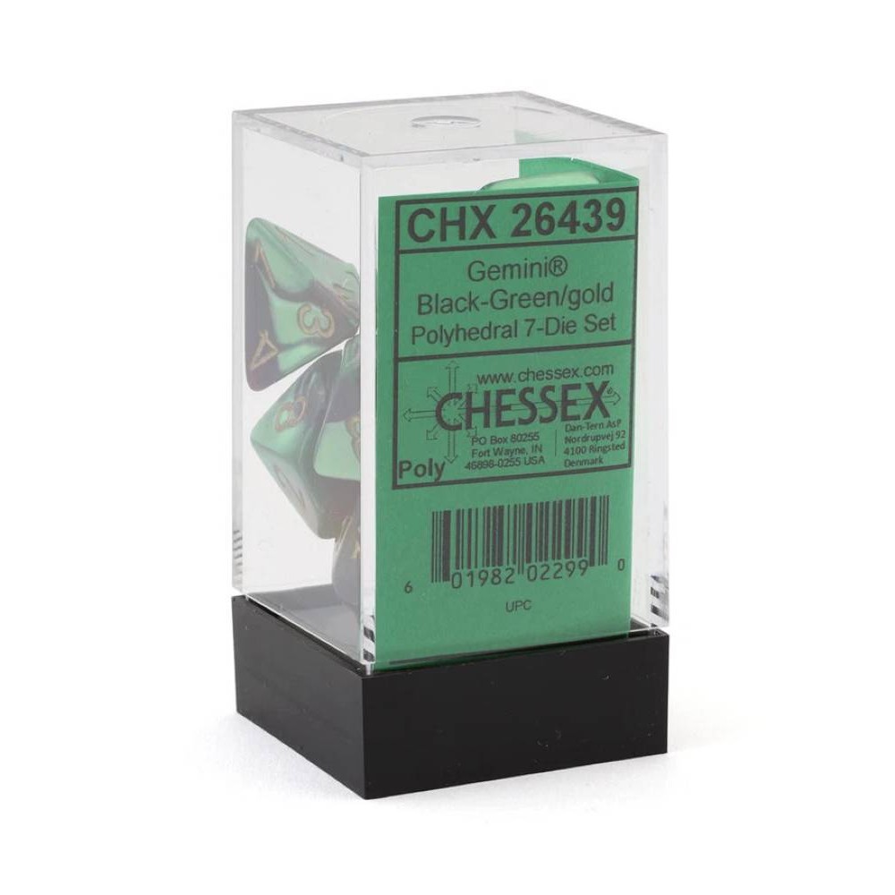 KOCKICE CHESSEX - GEMINI - POLYHEDRAL - BLACK-GREEN & GOLD (7) 
