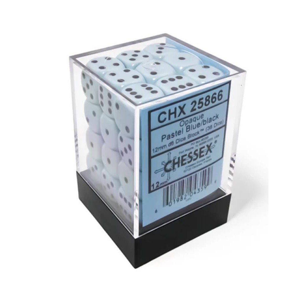 KOCKICE CHESSEX - OPAQUE - POLYHEDRAL - PASTEL BLUE-BLACK 12MM (36) 
