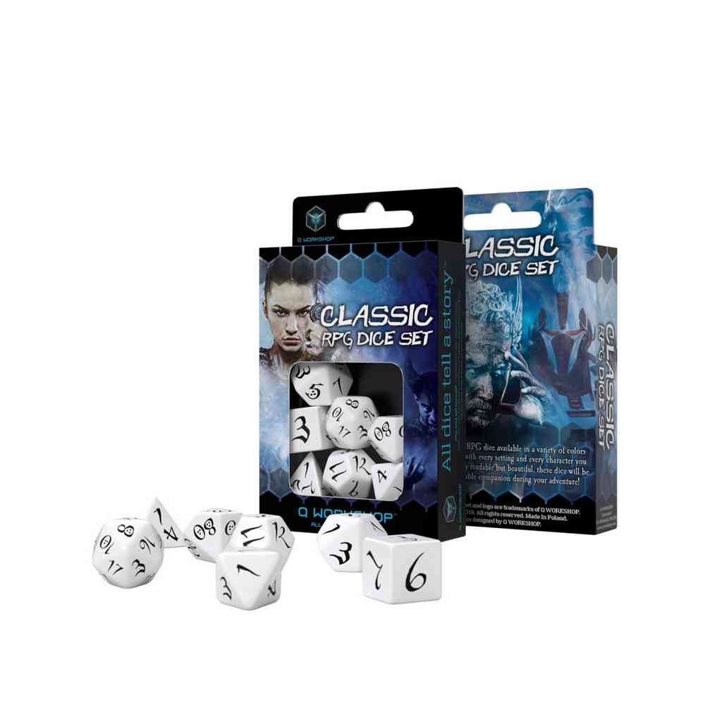 KOCKICE Q WORKSHOP - CLASSIC RPG WHITE & BLACK - DICE SET (7) 