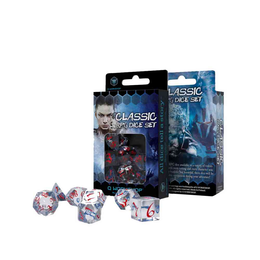 KOCKICE Q WORKSHOP - CLASSIC RPG TRANSLUCENT & BLUE-RED - DICE SET (7) 