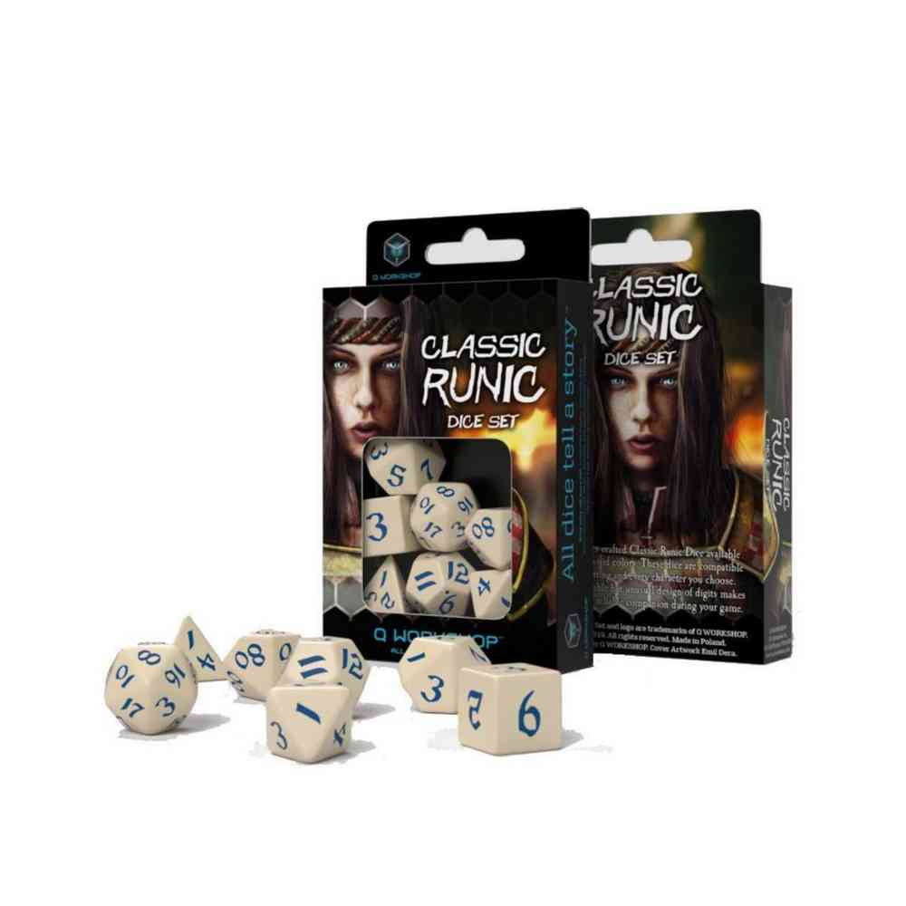 KOCKICE Q WORKSHOP - CLASSIC RUNIC BEIGE & BLUE - DICE SET (7) 
