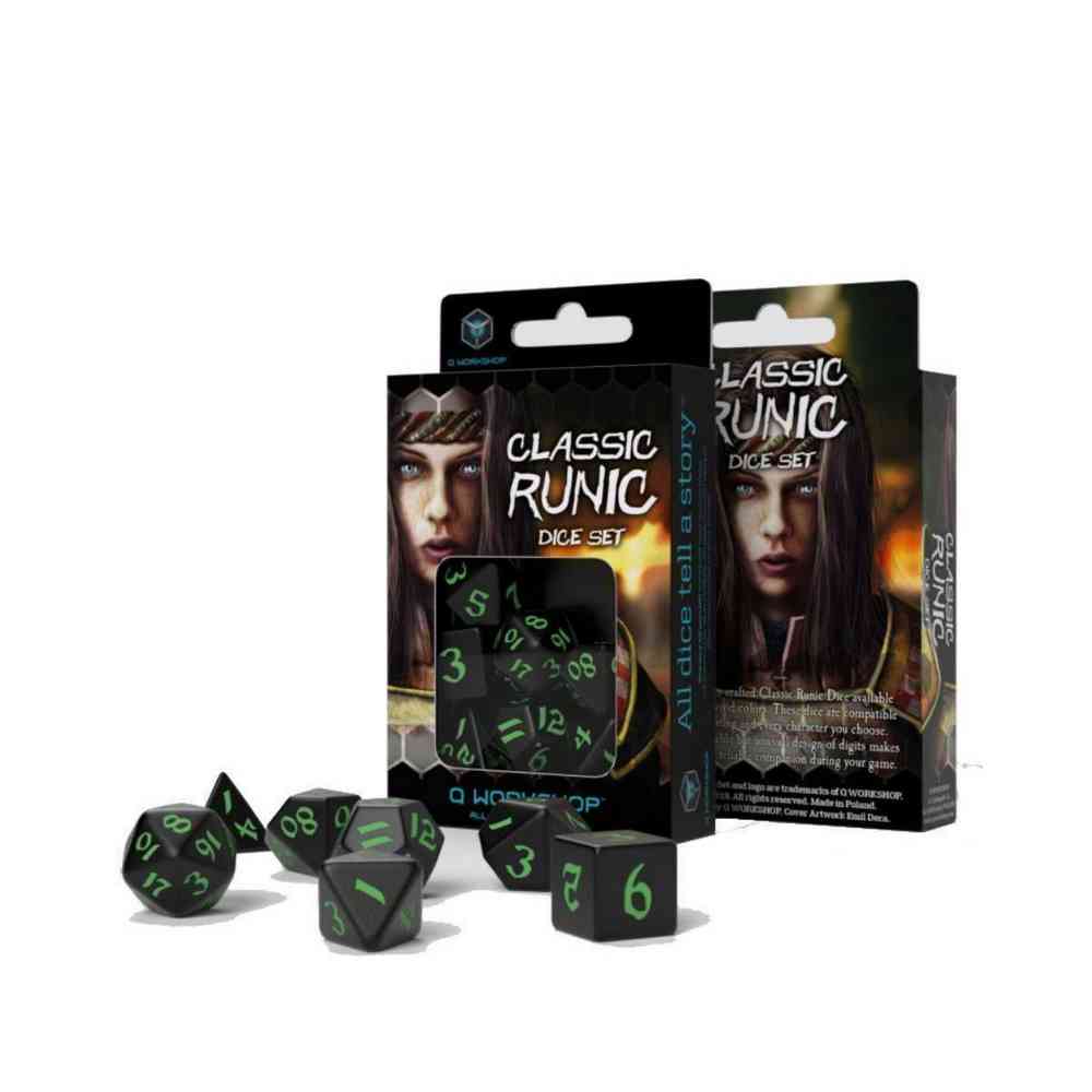 KOCKICE Q WORKSHOP - CLASSIC RUNIC BLACK & GEEN - DICE SET (7) 
