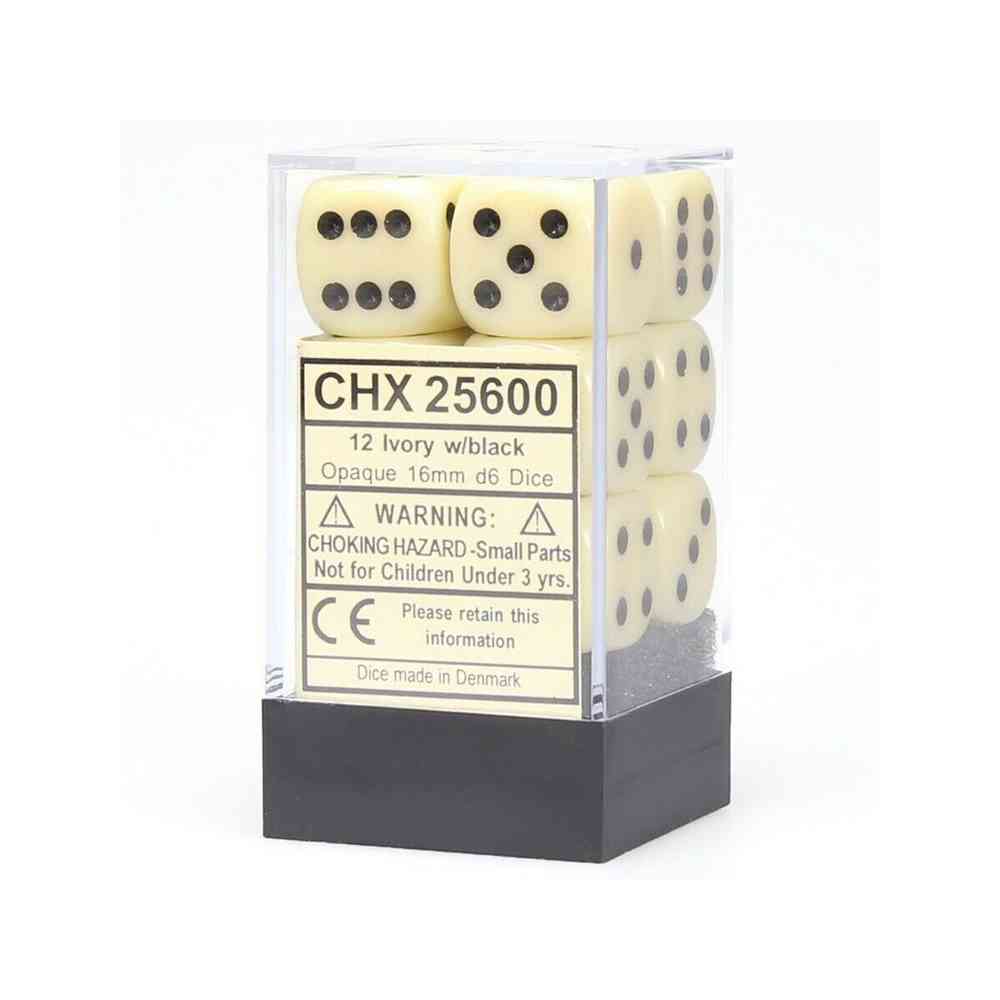 KOCKICE CHESSEX - OPAQUE - IVORY & BLACK - DICE BLOCK 16MM (12)