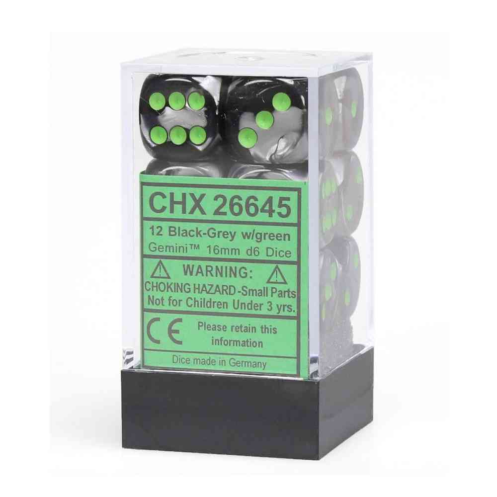 KOCKICE CHESSEX - GEMINI - BLACK-GREY & GREEN - DICE BLOCK 16MM (12)
