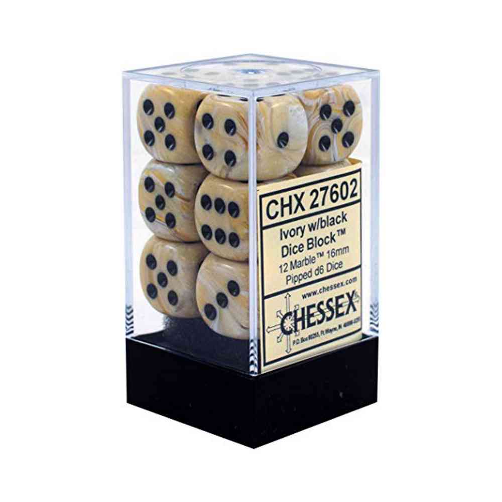 KOCKICE CHESSEX - MARBLE - IVORY & BLACK - DICE BLOCK 16MM (12)