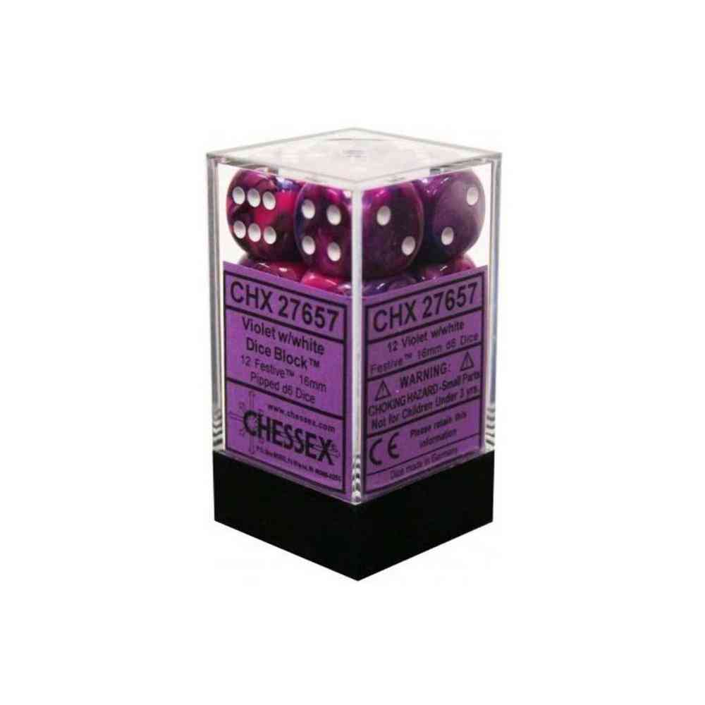 KOCKICE CHESSEX - FESTIVE - VIOLET & WHITE - DICE BLOCK 16MM (12)
