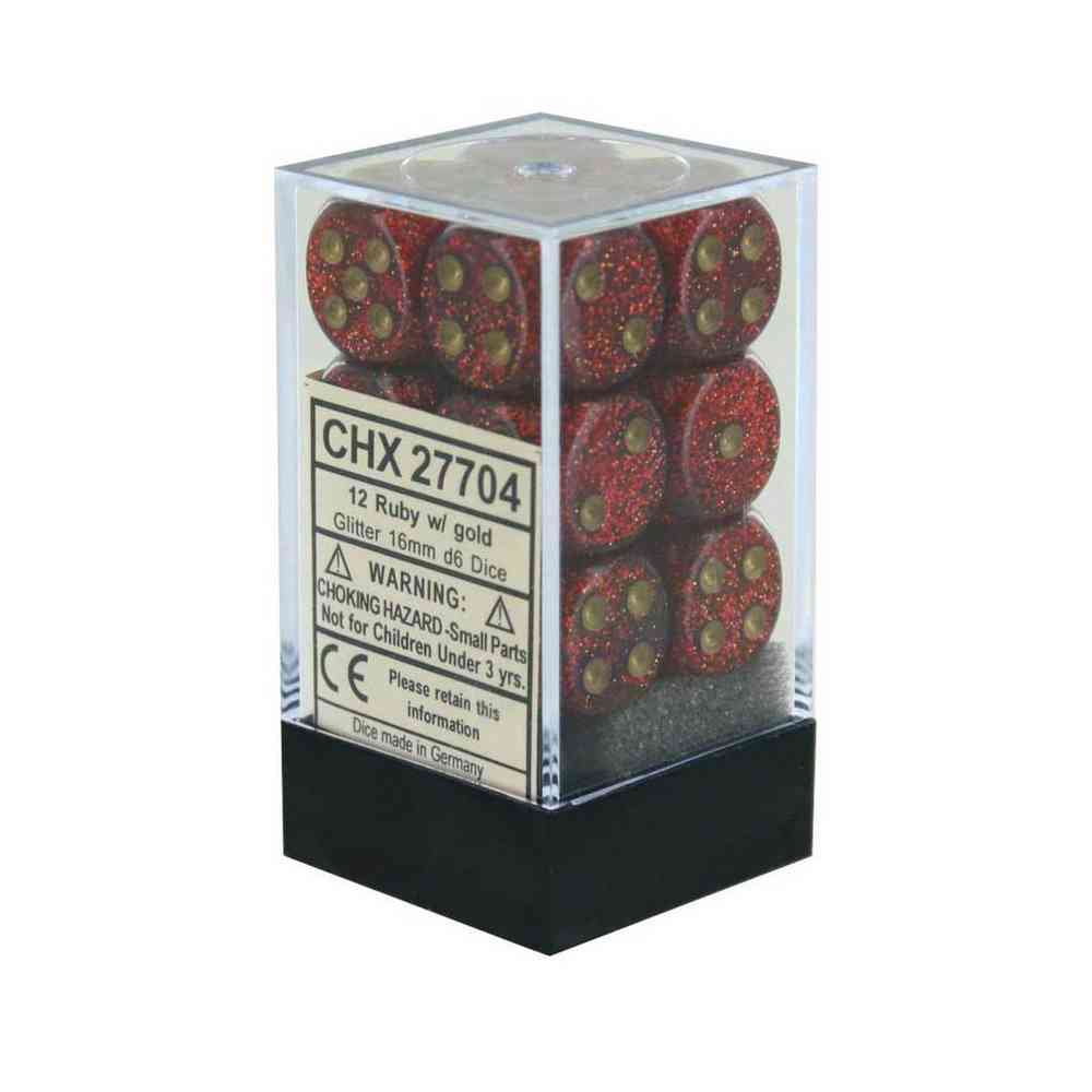 KOCKICE CHESSEX - GLITTER - POLYHEDRAL - RUBY & GOLD 16MM (12) 