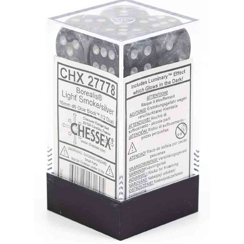 KOCKICE CHESSEX - BOREALIS - LUMINARY - LIGHT SMOKE & SILVER - DICE BLOCK (12) 