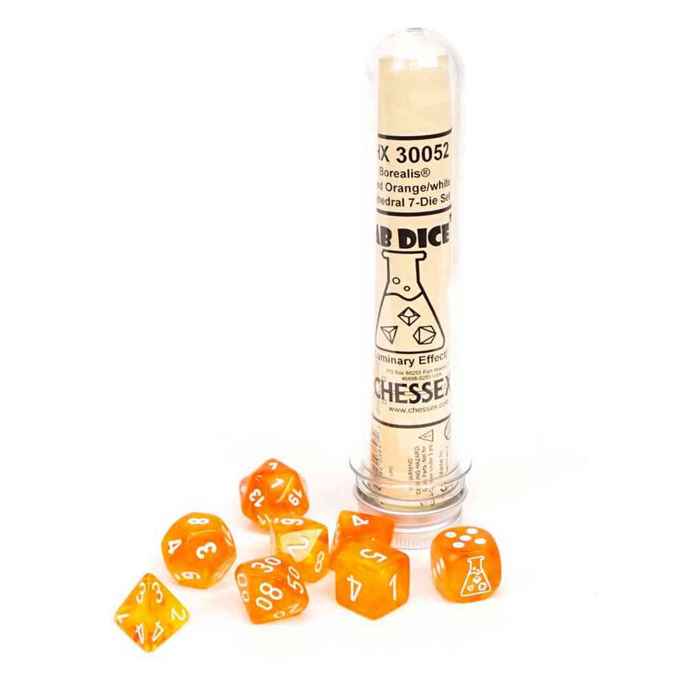 KOCKICE CHESSEX - BOREALIS - POLYHEDRAL - LUMINARY - BLOOD ORANGE & WHITE (7) 