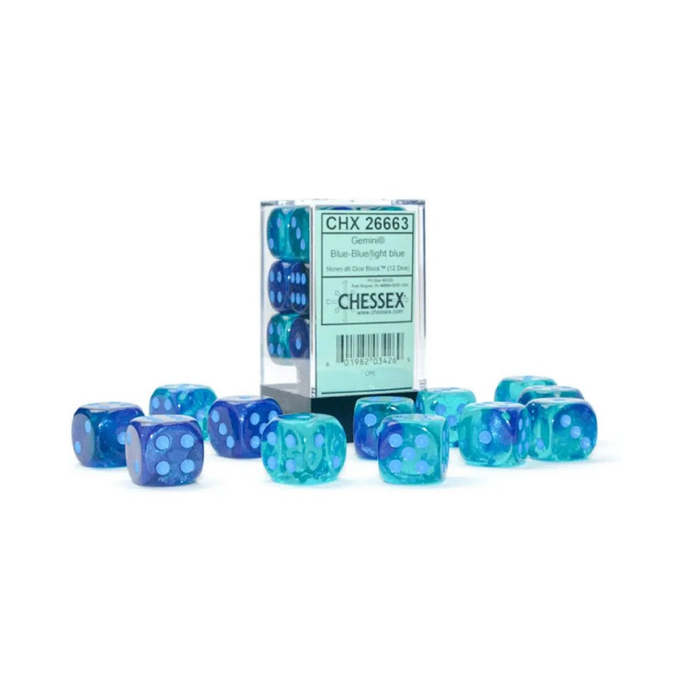 KOCKICE CHESSEX - GEMINI - LUMINARY - BLUE-BLUE & LIGHT BLUE - DICE BLOCK 16MM ( 
