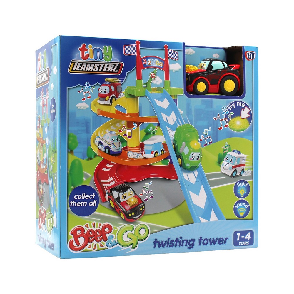 TINY TEAMSTERZ BEEP AND GO TWISTING TOWER + 1 CAR SET 
