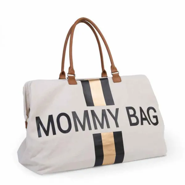 CHILDHOME MOMMY BAG BIG, RUCNA TORBA OFF WHITE STRIPES BLACK/GOLD 