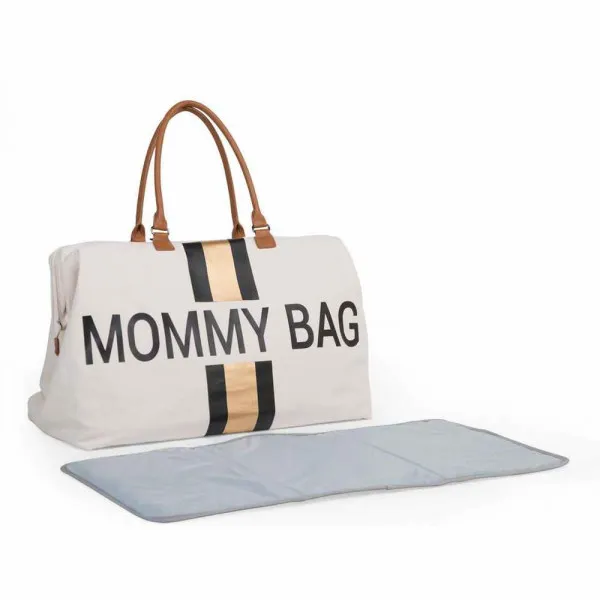 CHILDHOME MOMMY BAG BIG, RUCNA TORBA OFF WHITE STRIPES BLACK/GOLD 