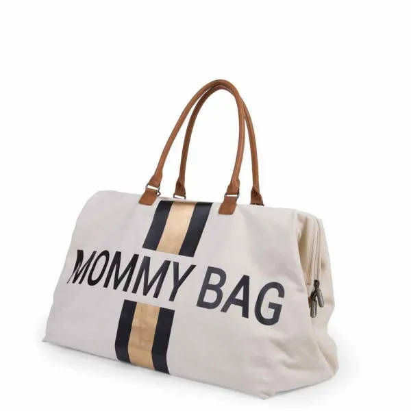 CHILDHOME MOMMY BAG BIG, RUCNA TORBA OFF WHITE STRIPES BLACK/GOLD 