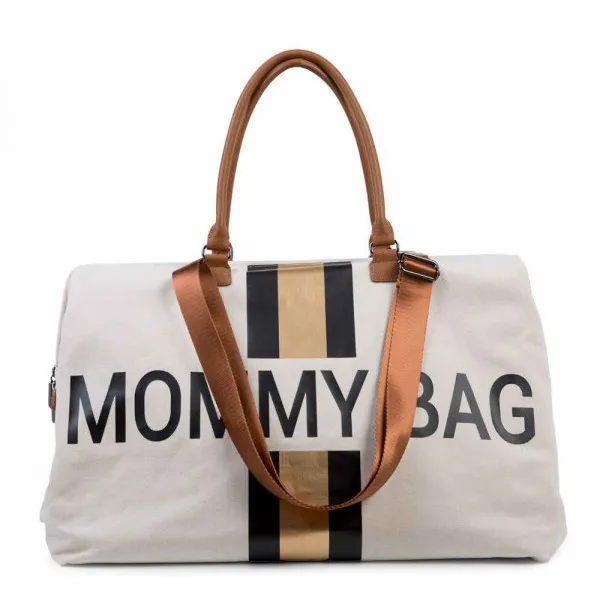 CHILDHOME MOMMY BAG BIG, RUCNA TORBA OFF WHITE STRIPES BLACK/GOLD 