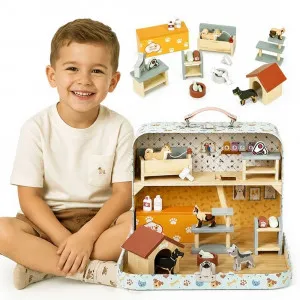 ECO TOYS DVOSPRATNA PRODAVNICA ZA KUĆNE LJUBIMCE U KOFERU, SA DRVENIM NAMEŠTAJEM