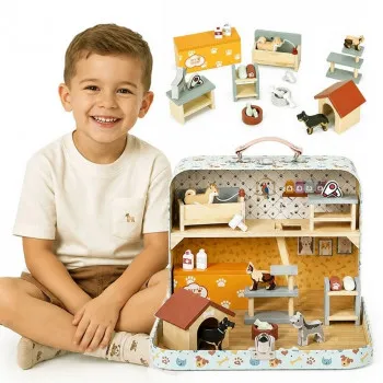 ECO TOYS DVOSPRATNA PRODAVNICA ZA KUĆNE LJUBIMCE U KOFERU, SA DRVENIM NAMEŠTAJEM 