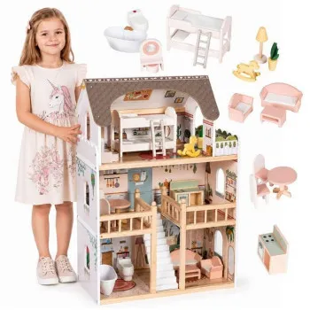 ECO TOYS DRVENA TROSPRATNA KUĆICA ZA LUTKE LAURA, SA 15 KOMADA NAMEŠTAJA