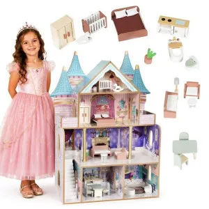 ECO TOYS DRVENA ČETVOROSPRATNA KUĆICA ZA LUTKE BELLA CASTLE, SA 15 KOMADA NAMEŠT 