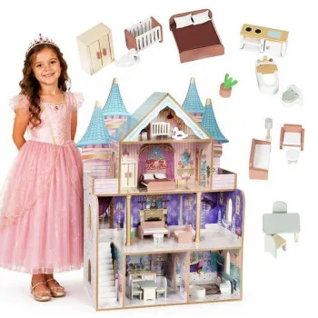 ECO TOYS DRVENA ČETVOROSPRATNA KUĆICA ZA LUTKE BELLA CASTLE, SA 15 KOMADA NAMEŠT