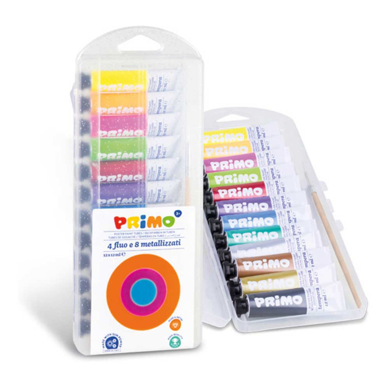 PRIMO BOJA TEMPERA 12ML ALUMINIJUMSKA TUBA 12BOJA 8 METALIK 4 FLUO CETKICA/POL