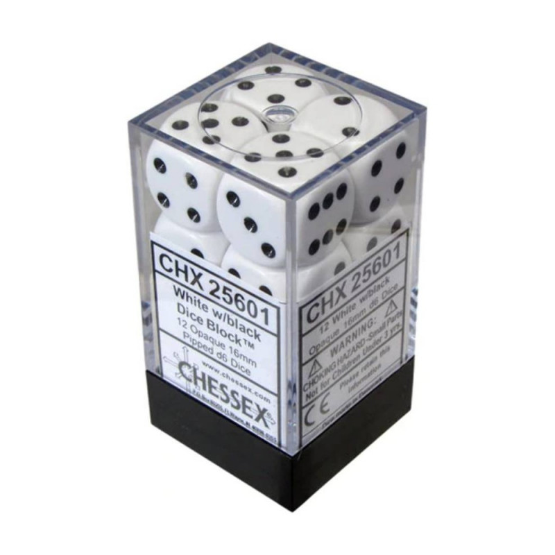 KOCKICE CHESSEX - OPAQUE - WHITE & BLACK - DICE BLOCK (12) 16MM 