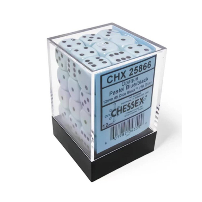 KOCKICE CHESSEX - OPAQUE - POLYHEDRAL - PASTEL BLUE-BLACK 12MM (36) 