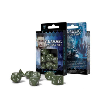 KOCKICE Q WORKSHOP - CLASSIC CLASSIC RPG OLIVE & WHITE - DICE SET (7) 