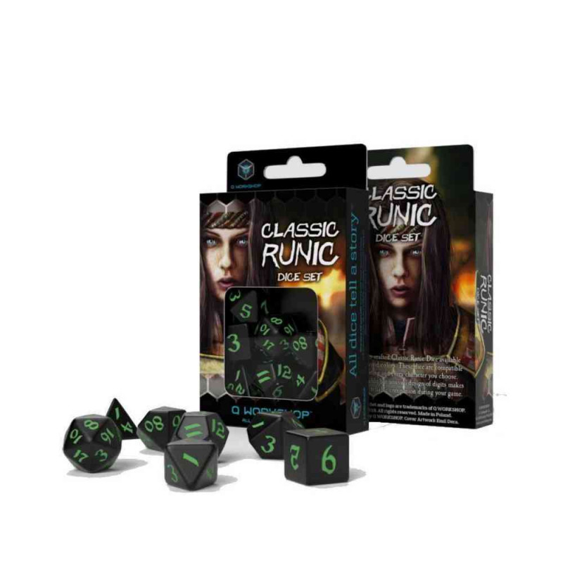 KOCKICE Q WORKSHOP - CLASSIC RUNIC BLACK & GEEN - DICE SET (7) 