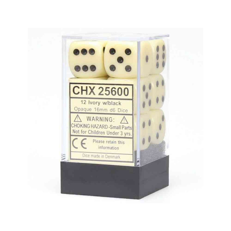 KOCKICE CHESSEX - OPAQUE - IVORY & BLACK - DICE BLOCK 16MM (12)