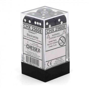 KOCKICE CHESSEX - OPAQUE - BLACK & WHITE - DICE BLOCK 16MM (12) 