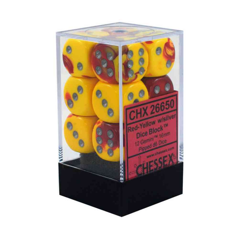 KOCKICE CHESSEX - GEMINI - RED-YELLOW & SILVER - DICE BLOCK 16MM (12) 