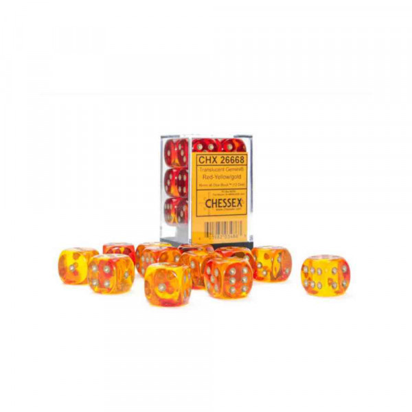 KOCKICE CHESSEX - GEMINI - TRANSLUCENT - RED-YELLOW & GOLD - DICE BLOCK 16MM (12 