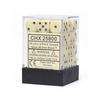 KOCKICE CHESSEX - OPAQUE - IVORY & BLACK - DICE BLOCK (36) 12MM 