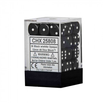 KOCKICE CHESSEX - OPAQUE - BLACK & WHITE - DICE BLOCK (36) 12MM 