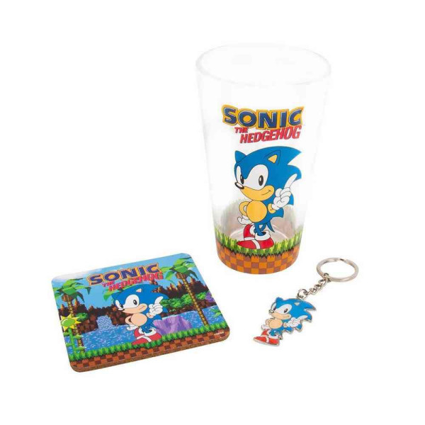 GIFT SET SONIC THE HEDGEHOG - GLASS, COASTER & KEYCHAIN 