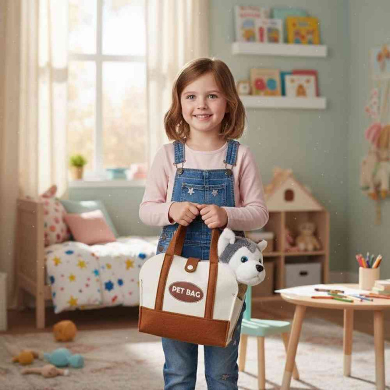 PLIŠANA IGRAČKA ZA DECU  ŠTENE HUSKY  TORBA + ČETKA ZA NEGU 