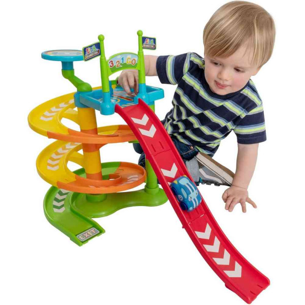 TINY TEAMSTERZ BEEP AND GO TWISTING TOWER + 1 CAR SET 