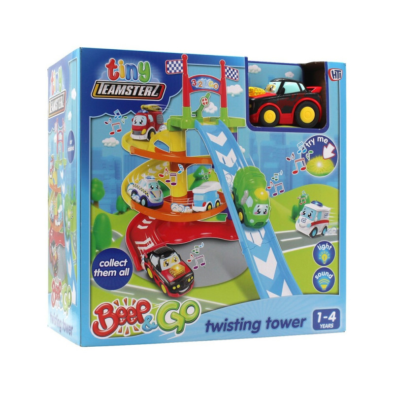 TINY TEAMSTERZ BEEP AND GO TWISTING TOWER + 1 CAR SET 