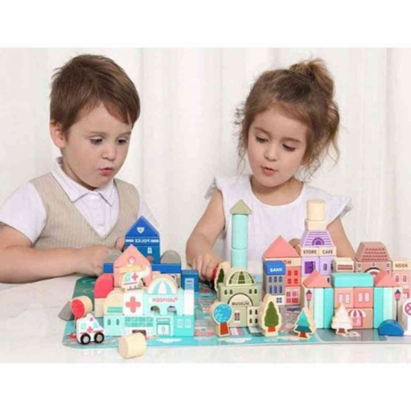 DRVENE EDUKATIVNE KOCKE CITY SA PODLOGOM 115 KOMADA 