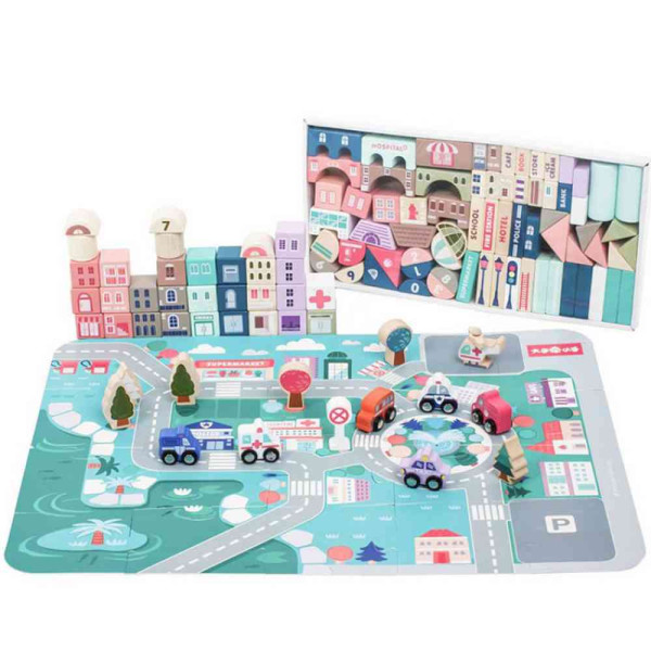 DRVENE EDUKATIVNE KOCKE CITY SA PODLOGOM 115 KOMADA 