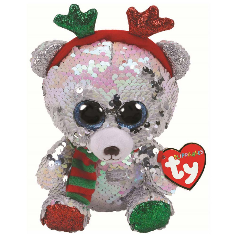 TY PLISANA IGRACKA FLIPPABLES MISTLETOE - SEQUIN BEAR WITH ANTLERS