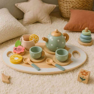 DRVENI SET ZA ČAJ – ČAJNIK  ŠOLJICE  14 DELOVA – ECOTOYS 