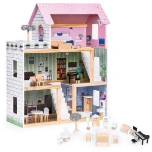 ECO TOYS DRVENA KUĆICA ZA LUTKE SA 3 SPRATA, TERASOM I SETOM OD 15 KOMADA NAMEŠT 