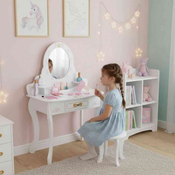 VELIKI DRVENI TOALETNI STO ZA DECU SA OGLEDALOM I ROZE DODACIMA ECOTOYS 