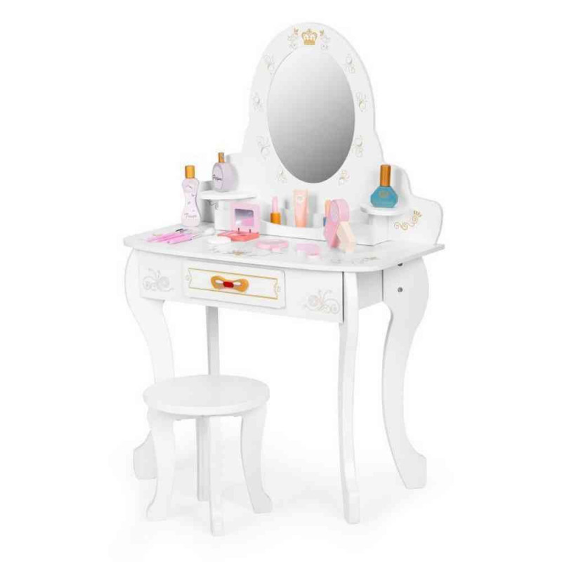 VELIKI DRVENI TOALETNI STO ZA DECU SA OGLEDALOM I ROZE DODACIMA ECOTOYS 