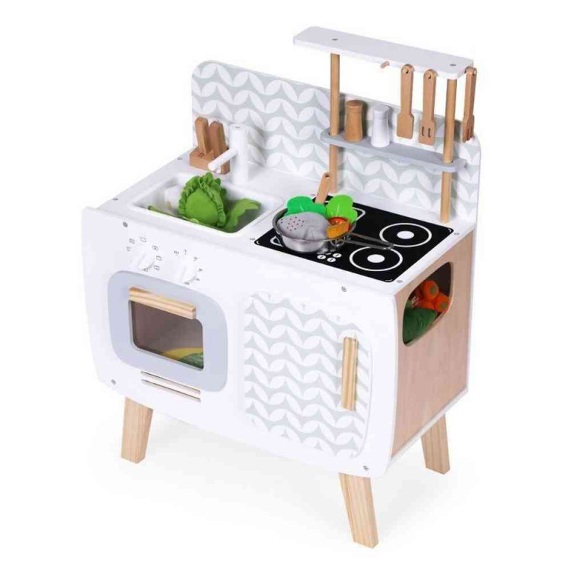 DRVENA KUHINJA ZA DECU RETRO SA RERNOM  ŠPORETOM  SUDOPEROM I PRIBOROM ECOTOYS 