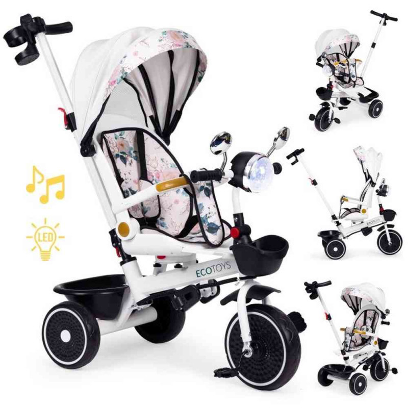 TRICIKL ZA DECU SA ROTIRAJUĆIM SEDIŠTEM  GURAJUĆIM RUKOHVATOM I TENDOM WHITE ECO 